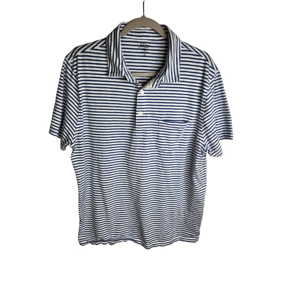 J. Crew Polo Shirt Mens XL Blue White Striped Slub Cotton Short Sleeve Preppy